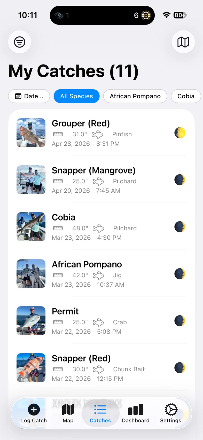 Real iPhone screenshot of the My Catches list with 11 catches, photos, lengths, baits, and moon phases